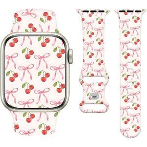 Cute Pink Bows and Cherries Soft Silicone Watch Band for Apple Watch 38mm-49mm